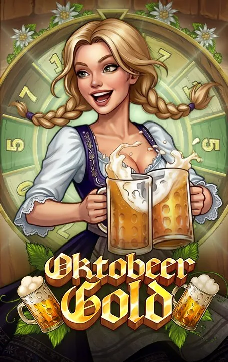 Arte promocional do slot Oktobeer Gold com personagem e canecas